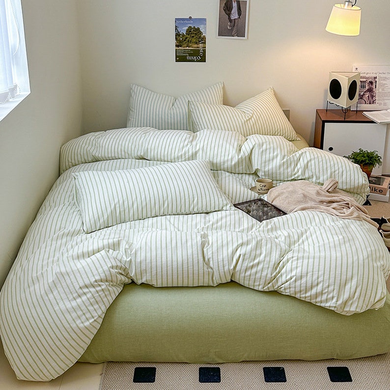 Cottagecore Sage Green Stripes Aesthetic Bed Sheets 100 Cotton Bedding