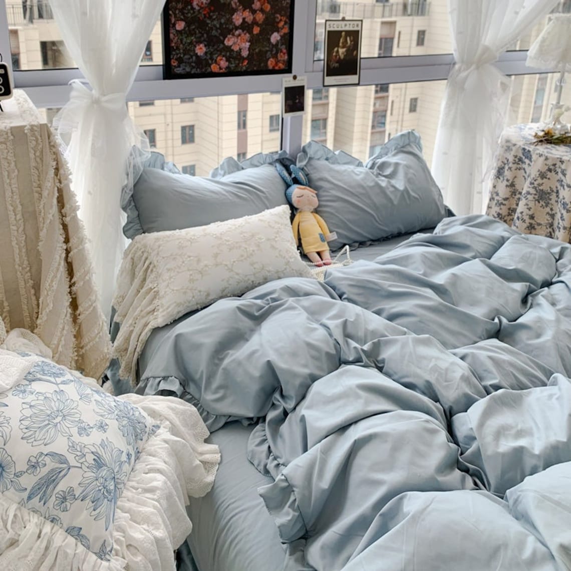 Baby Blue Dreamy Ruffle Bedding Set Full Aesthetic Blue Cottagecore