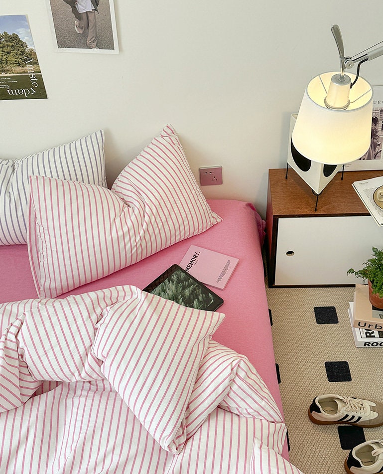 Cozy Pink Stripes Bed Sheets, 100 Cotton Bedding, Dorm Room Bedding