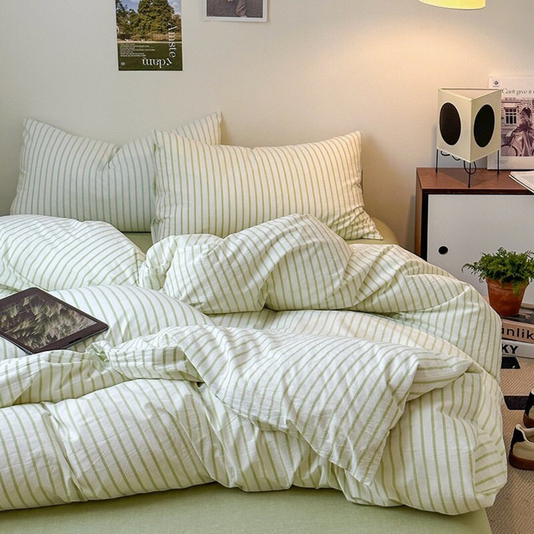 Cottagecore Sage Green Stripes Aesthetic Bed Sheets 100% Cotton Bedding ...