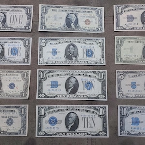 Souvenir und Spielgeld mit W/M USA. 1928-1934-1935 Jahre. Silber Noten, KOSTENLOSER VERSAND !