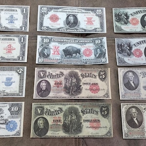 May include: A collection of twelve vintage United States banknotes arranged in a grid. The bills include various denominations such as one, two, five, and ten dollars, featuring historical portraits, intricate engravings, and red or blue seals.