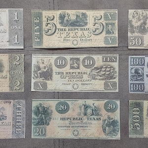 Souvenir und Spielgeld mit W/M USA. Veraltete Währung, Regierung + Republik Texas 1836-1845 y. KOSTENLOSER VERSAND !