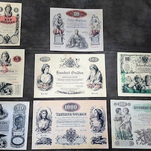 Souvenir und Spielgeld mit W/M Austria Banknoten 1854, 1858, 1863 Jahr. KOSTENFREIER VERSAND !!!