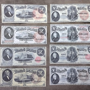 Souvenir e denaro da gioco con W/M Stati Uniti. Banconote a corso legale da 1-10 dollari del 1880, con diversi sigilli. SPEDIZIONE GRATUITA!