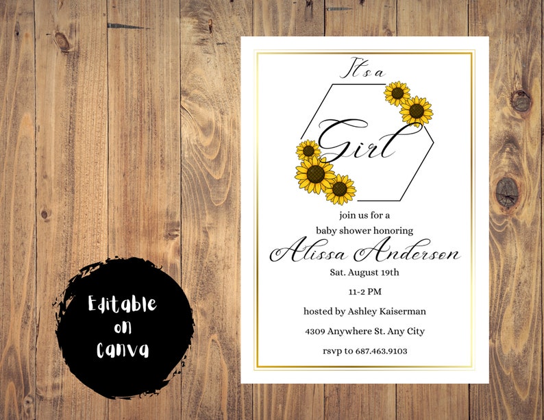 Sunflower Baby Shower Invitation for a Girl Sunflower Theme Baby Shower Print at Home Invitation Editable Digital Download