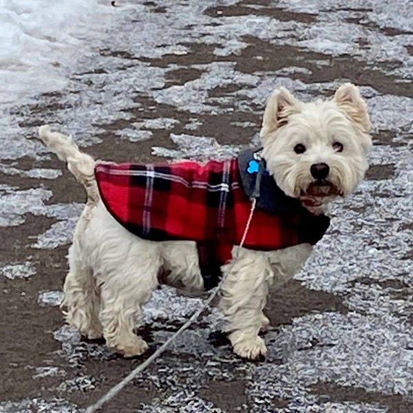 Manteau de chien en polaire; Pull pour chien; Plusieurs options de couleur: plaid rouge, plaid violet et noir, blanc et gris; cœurs et pattes; Lavable en machine