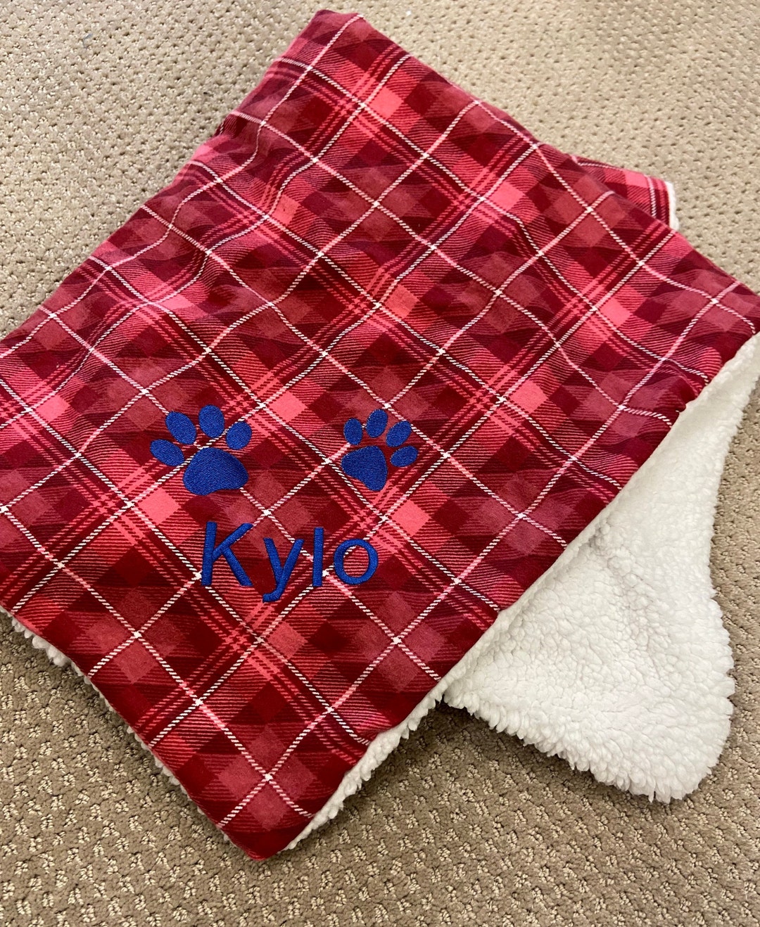 Personalized Dog Blanket, Sherpa, Embroidered Paw Prints, Red Plaid