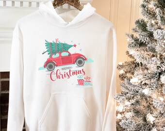 赤いトラック柄のクリスマスパーカー：家族向けホリデースウェットシャツ