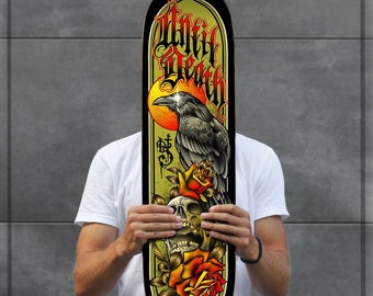 SKRBL Custom skateboard art Owl Until Death deck design