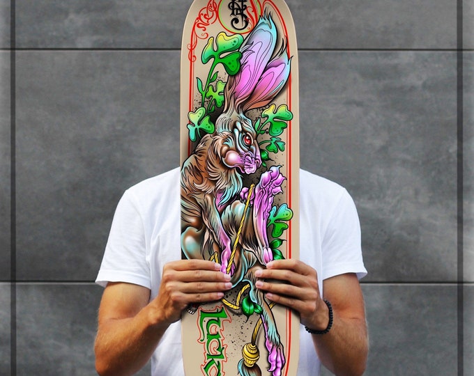 SKRBL Custom Skateboard art Lucky Rabbit deck design