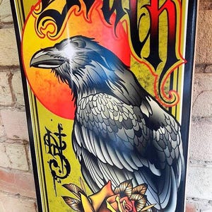 May include: A black raven with a glowing eye, perched on a red rose with a skull at its base. The background is yellow with a red sun and the word "Death" in black lettering.