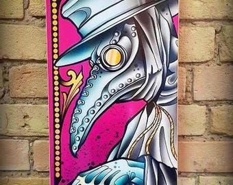 SKRBL Custom skateboard art Plague Doctor design