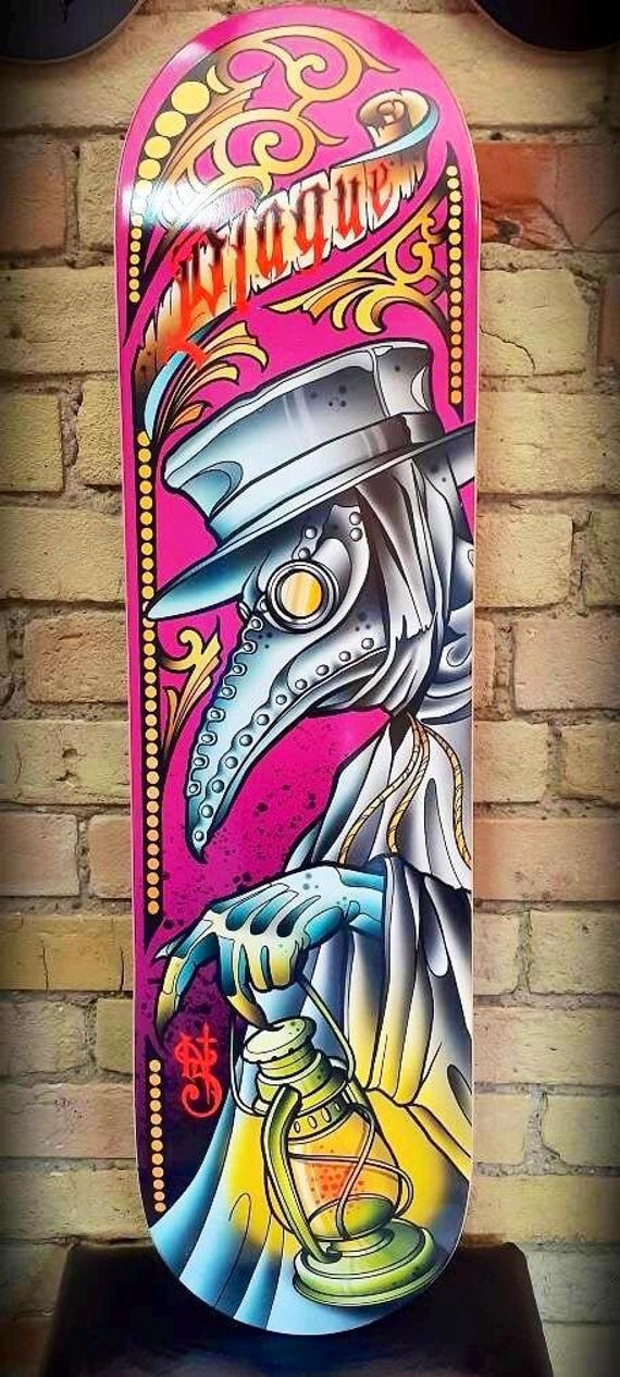 SKRBL Custom skateboard art Plague Doctor design