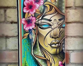 May include: A skateboard deck with a colorful illustration of a woman with flowers in her hair. The background is a green forest with a sun shining through the trees. The text "Mother" is written in a stylized font on the deck.