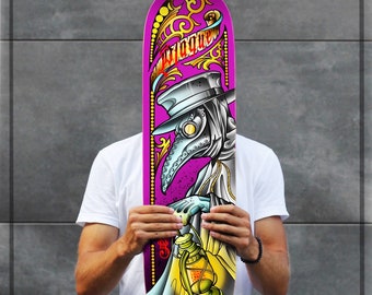 SKRBL Custom skateboard art Plague Doctor design