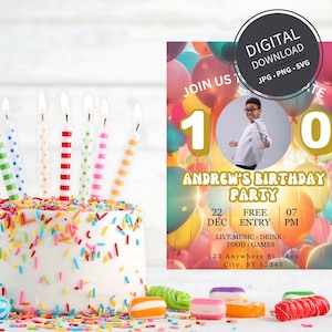 Convite personalizado para festa de aniversário infantil com tema de balão - Decoração vibrante para celebrações mágicas, cartão infantil personalizado como lembrança em PDF