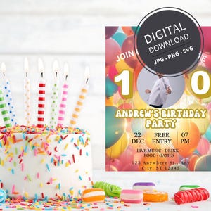 Convite personalizado para festa de aniversário infantil com tema de balão - Decoração vibrante para celebrações mágicas, cartão infantil personalizado como lembrança em PDF