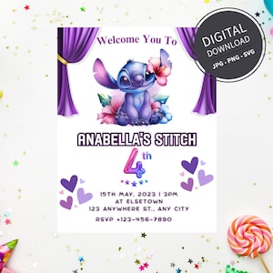 Anabella Stitch Wunderliche Kinder Geburtstagseinladung - druckbare digitale Karte mit Cartoon-Thema