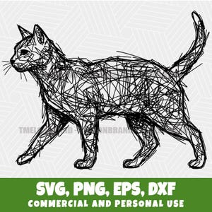 Puede incluir: Ilustración en blanco y negro de un gato caminando, creada con líneas garabateadas. El gato está de perfil, con la cola levantada y los bigotes visibles. Incluye el texto "SVG, PNG, EPS, DXF" y "COMMERCIAL AND PERSONAL USE".