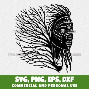 Può includere: Grafica in bianco e nero di un volto stilizzato con motivi intricati e trecce. Il volto è adornato da punti e linee, e un design ad albero incornicia la testa. Il testo in basso recita "SVG, PNG, EPS, DXF COMMERCIAL AND PERSONAL USE."