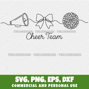 Puede incluir: Diseño de arte lineal en blanco y negro con un megáfono, un lazo y un pompón, conectados por una sola línea. Las palabras "Cheer Team" están escritas en cursiva. El banner inferior dice "SVG, PNG, EPS, DXF USO COMERCIAL Y PERSONAL."