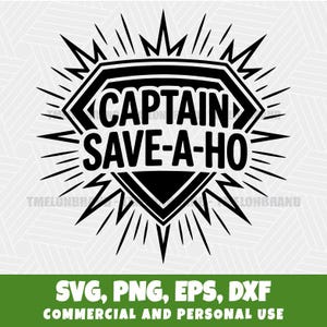 Op de afbeelding: Een zwart grafisch ontwerp met een schildvorm en de tekst CAPTAIN SAVE-A-HO in dikke hoofdletters. Het schild is omringd door uitstralende, scherpe lijnen die een ster-effect creëren tegen een witte achtergrond.