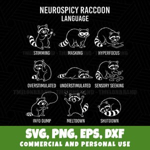 Pode incluir: Gráfico a preto e branco com ilustrações de guaxinins representando diferentes estados, como "Stimming", "Masking" e "Hyperfocus". O texto na parte inferior diz "SVG, PNG, EPS, DXF COMMERCIAL AND PERSONAL USE."