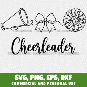 Könnte beinhalten: Schwarz-weiße Strichzeichnung eines Megaphons, einer Schleife und eines Pompons, die durch eine Linie verbunden sind. Das Wort "Cheerleader" ist kursiv geschrieben. Darunter steht "SVG, PNG, EPS, DXF COMMERCIAL AND PERSONAL USE."