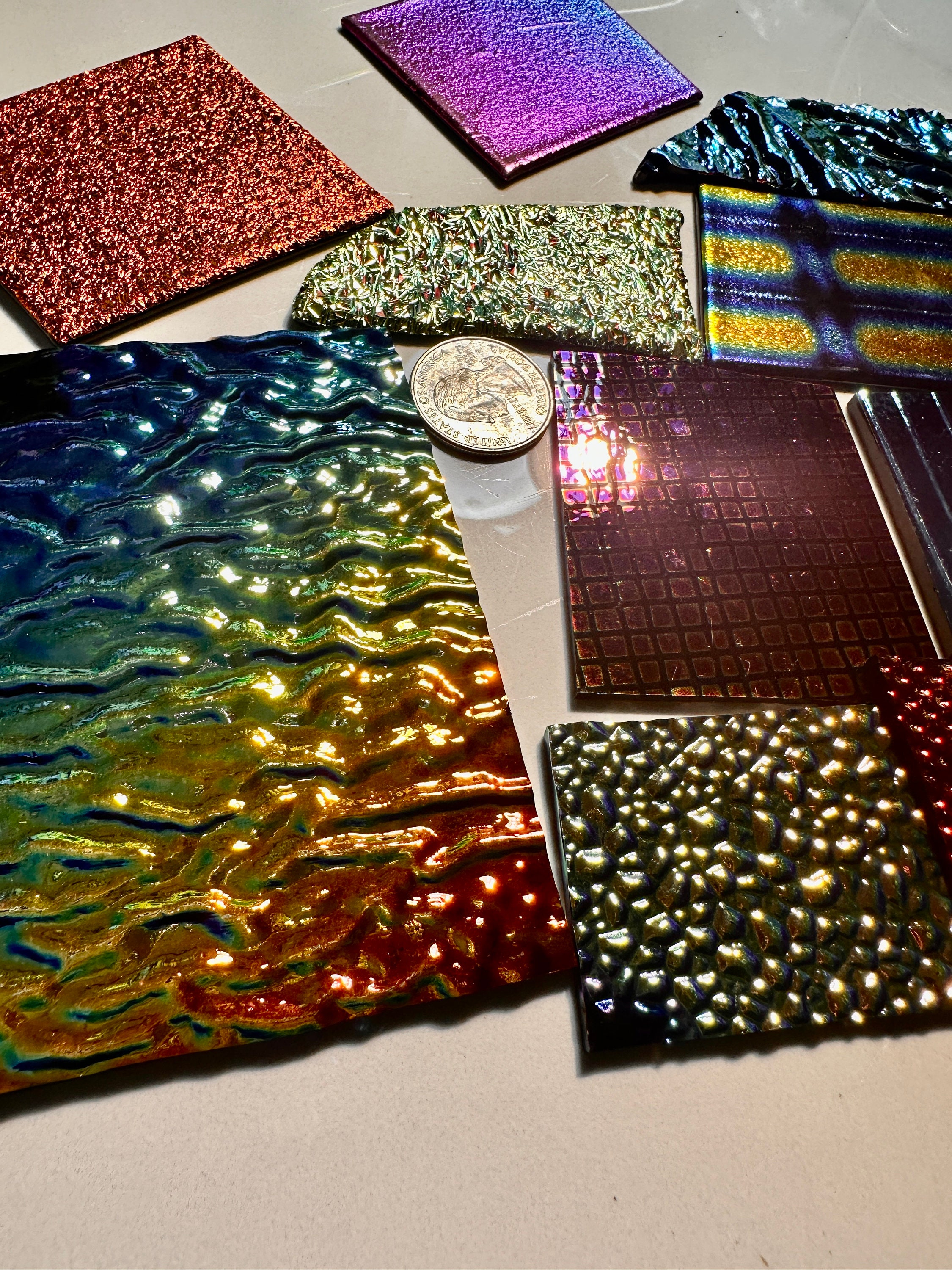 Etched 1 x 1 CBS Dichroic Patterned Squares on Thin Black Glass. Mixed Lot  of 20 Squares Per Pack. COE90