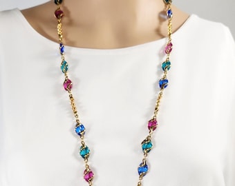 Long Swarovski Multicolor Beaded Gold Sautoir Necklace