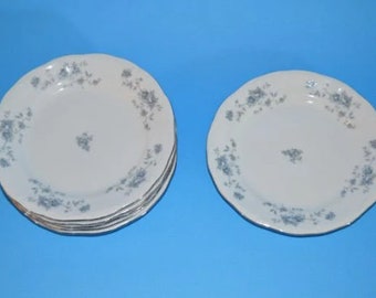 May include: A set of six white porcelain dinner plates with a delicate blue floral pattern and silver trim.