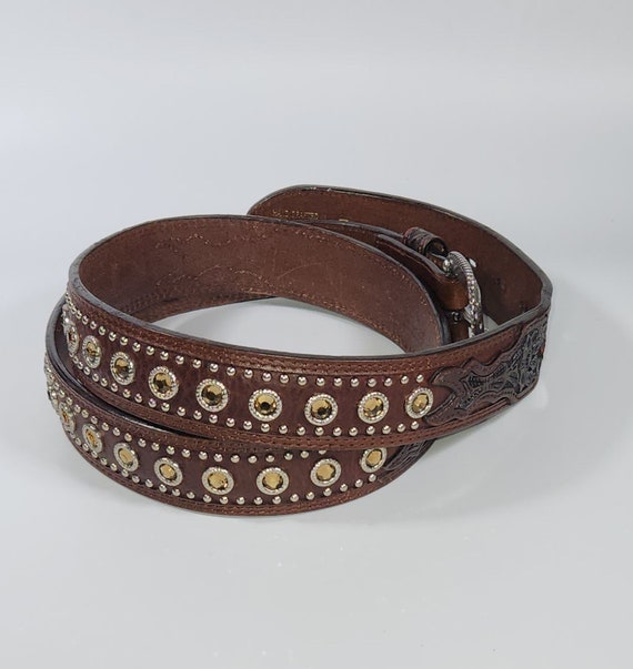 ARIAT Studded Tooled and Yellow Rhinestone Leather Belt  display picture 1