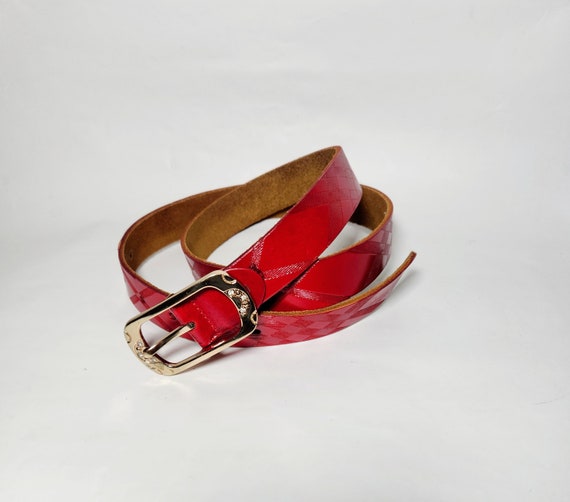 Women's Red Leather Belt, Engraved Genuine Leathe… - image 4