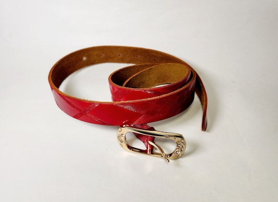 Women's Red Leather Belt, Engraved Genuine Leathe… - image 5