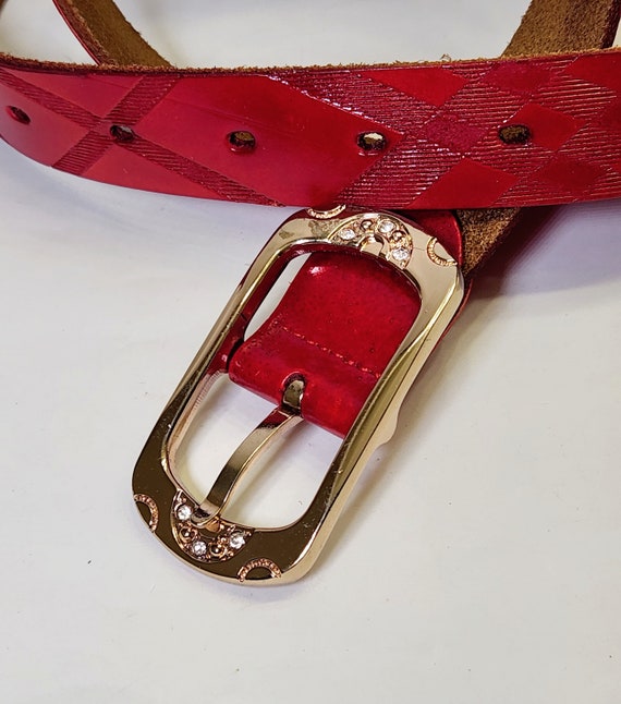 Women's Red Leather Belt, Engraved Genuine Leathe… - image 3