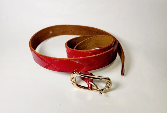 Women's Red Leather Belt, Engraved Genuine Leathe… - image 2
