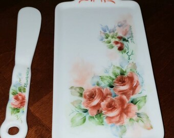 Adorable  Floral  Porcelain Butter Dish and Matching Knife, Handmade and Hand Painted Porcelain Set Butter Dish and Knife