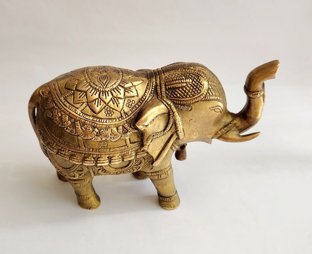 Elephant Figurine - Large Solid Pure Brass Elephant, Heavy Engraved ...