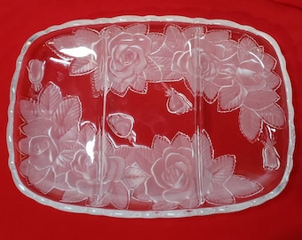 Rectangular 3-Part Divided Tray,  Winter Rose Frosted Crystal Glass Tray