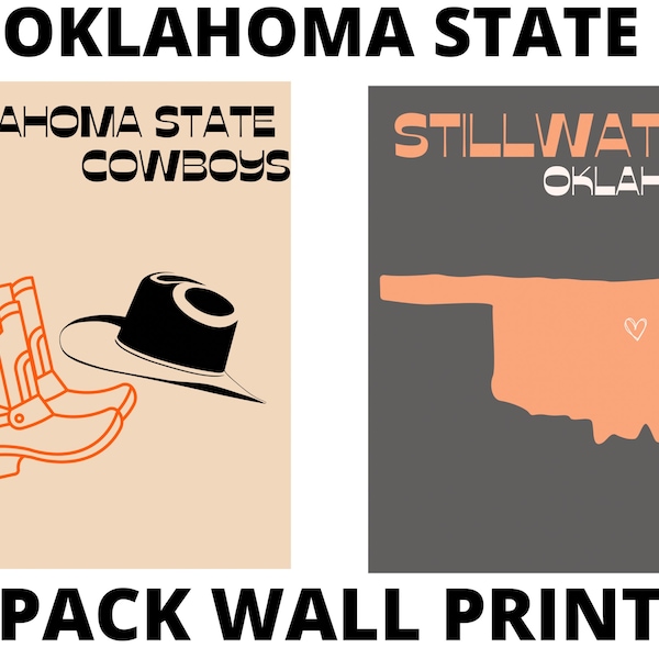 Two Pack Oklahoma State Wall Prints, Preppy OSU Decor, OSU Pokes Wall Prints, Oklahoma State College Decor, Colorful OSU Prints