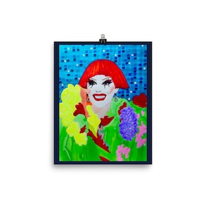 May include: A watercolor painting of a person with red hair and a bright smile. They are wearing a green shirt with a red collar and a floral pattern. The background is a blue and white mosaic.