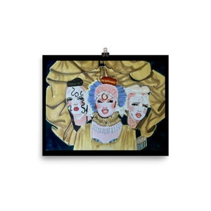 May include: A watercolor painting of three women's faces. The women are wearing elaborate hats and makeup. The painting is done in a whimsical style and features a lot of detail.
