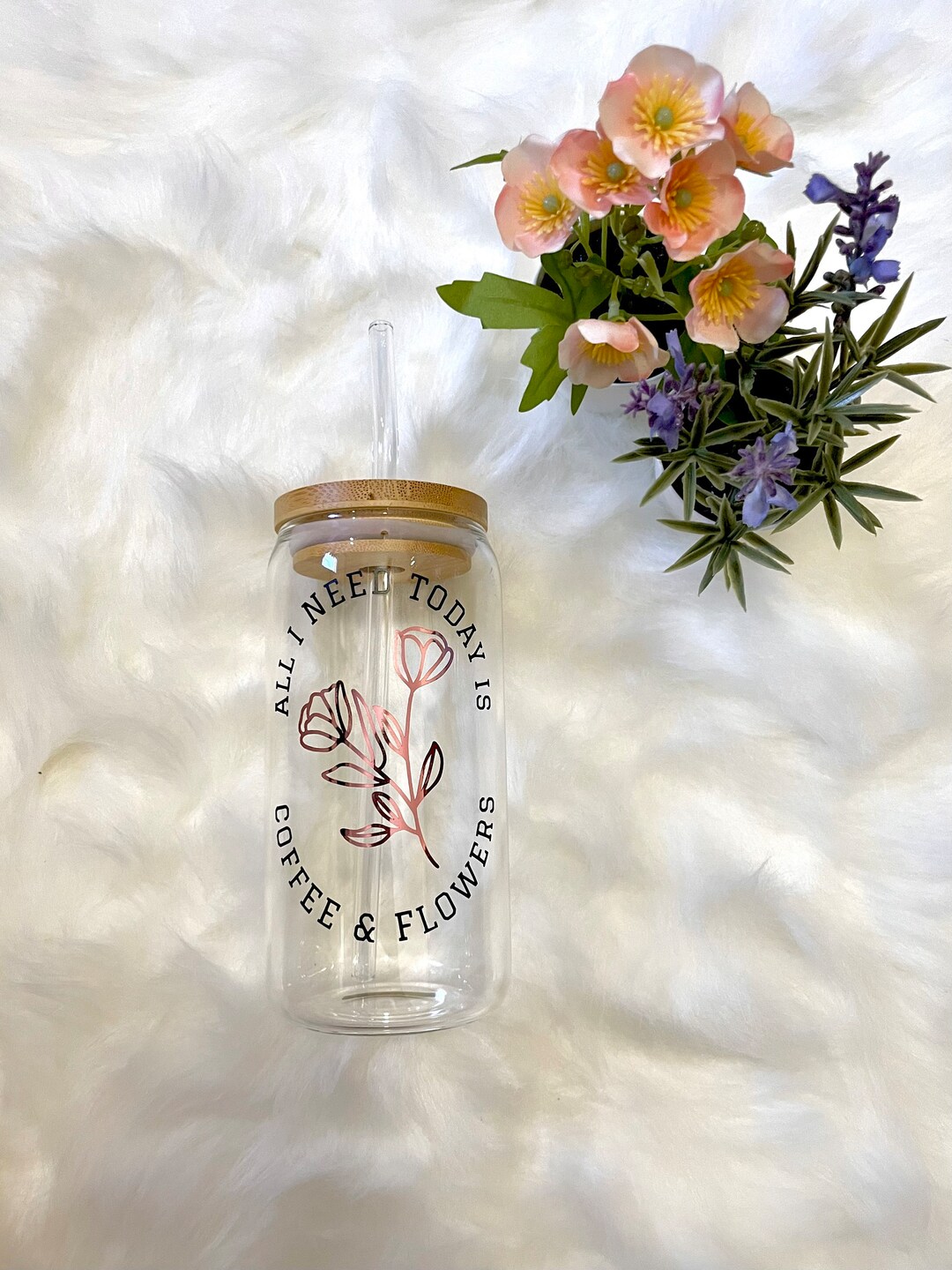 Iced Coffe Cup Glass WITH Lid and Straw 16 Oz Beer Can Glass Cup Flower ...