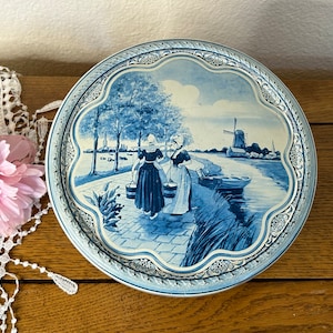 Vintage Delft Style Tin - Holland Windmill Scene on Lid