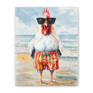 Beach Chick Canvas Art, Funny Chicken Wall Decor, Beach House Art, Gift for Animal Lovers, Summer Vibes Home Decor, Quirky Chicken Print