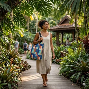 May include: A woman walking on a wooden path through a lush garden, carrying a tote bag. The tote bag has a colorful geometric pattern in shades of blue, orange, and green. She wears a beige dress and sandals.