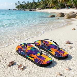 May include: A pair of flip-flops featuring a vibrant geometric pattern of orange, yellow, and purple squares overlaid with dark blue palm leaf silhouettes. The footwear has black rubber thong straps and a flat sole, resting on a sandy beach.