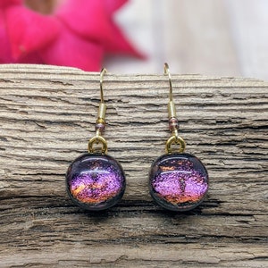 Dichroic Glass Earrings - 925 Sterling Silver Fused Glass Dangle Earrings - Copper and Pink - Handmade Jewelry