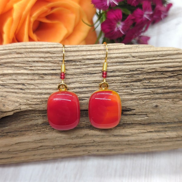 Fire Red Glass Earrings - Fused Glass Jewelry - Handmade in Vermont - Bohemian Style Jewelry